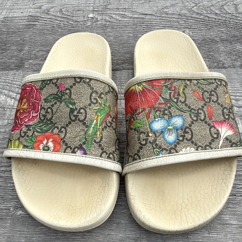 Gucci Women’s GG Blooms Floral Logo Slide Sandals Beige Multicolor US 7.5/8 COA